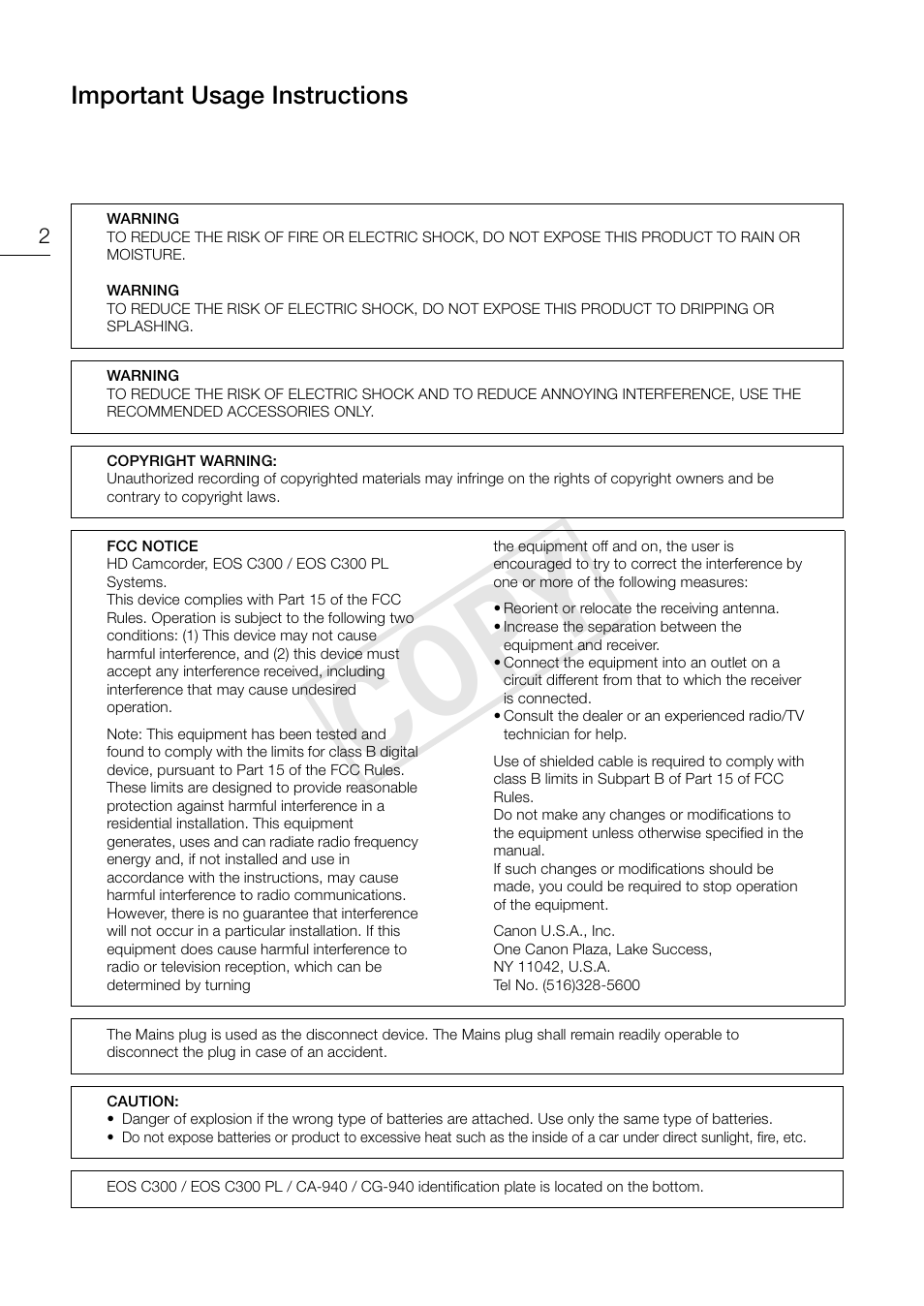 Cop y | Canon EOS C300 User Manual | Page 2 / 186