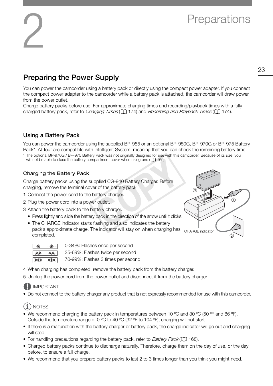 Preparations 23, Preparing the power supply 23, Using a battery pack 23 | Cop y, Preparations | Canon EOS C300 User Manual | Page 23 / 186