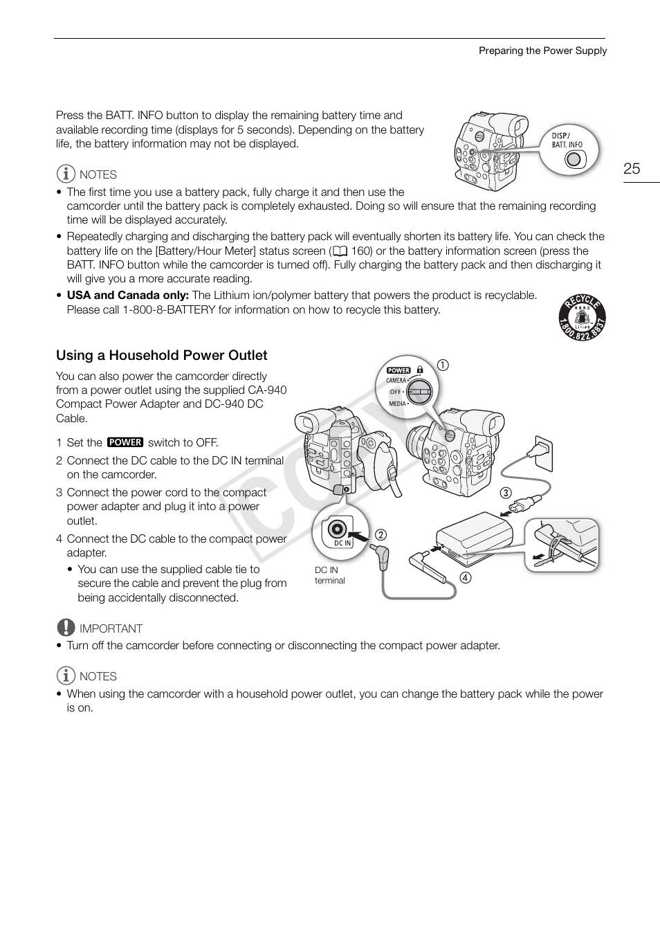 Using a household power outlet 25, Cop y | Canon EOS C300 User Manual | Page 25 / 186