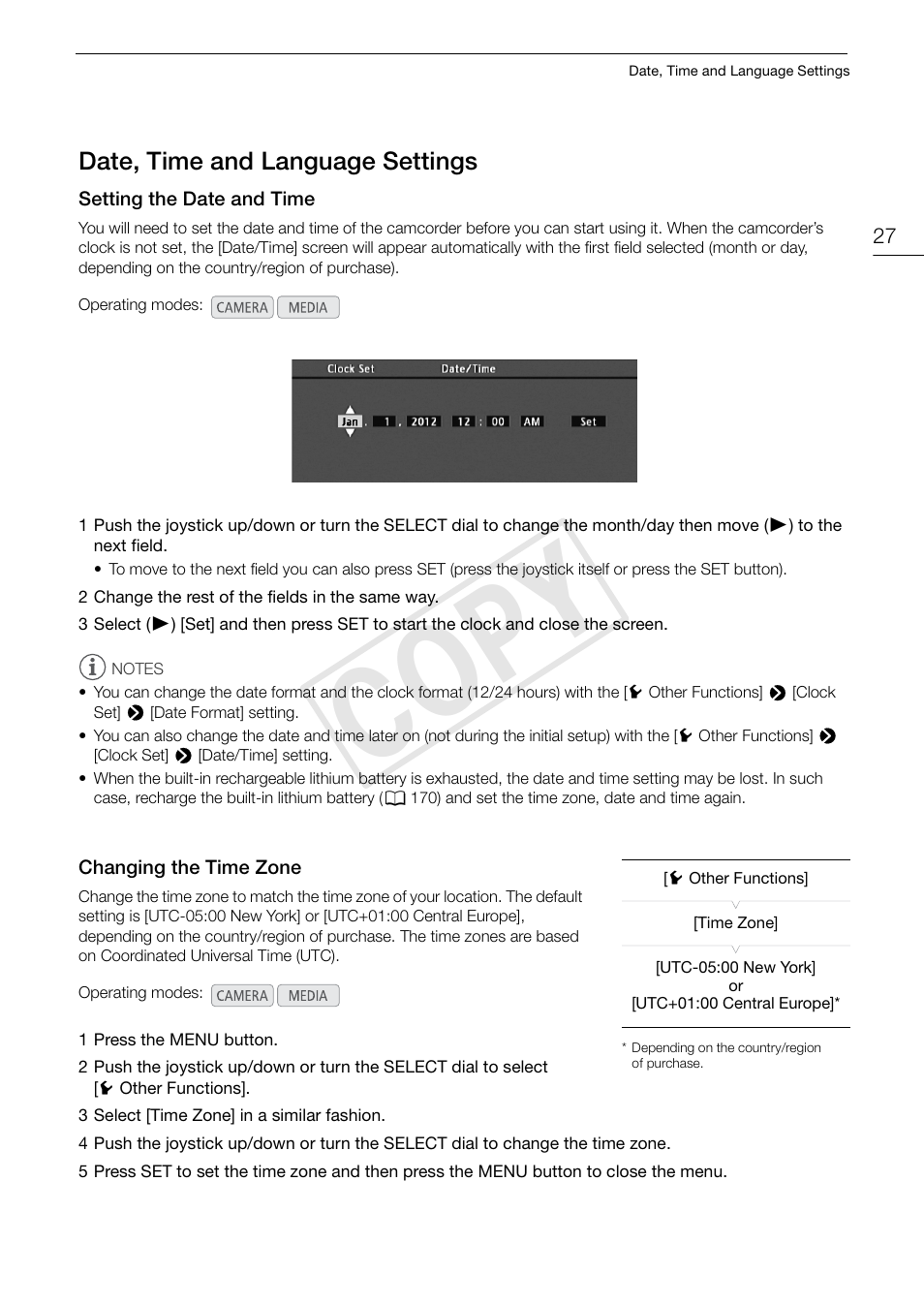 Date, time and language settings 27, Cop y | Canon EOS C300 User Manual | Page 27 / 186