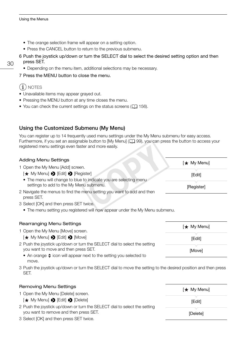 Using the customized submenu (my menu) 30, Cop y | Canon EOS C300 User Manual | Page 30 / 186