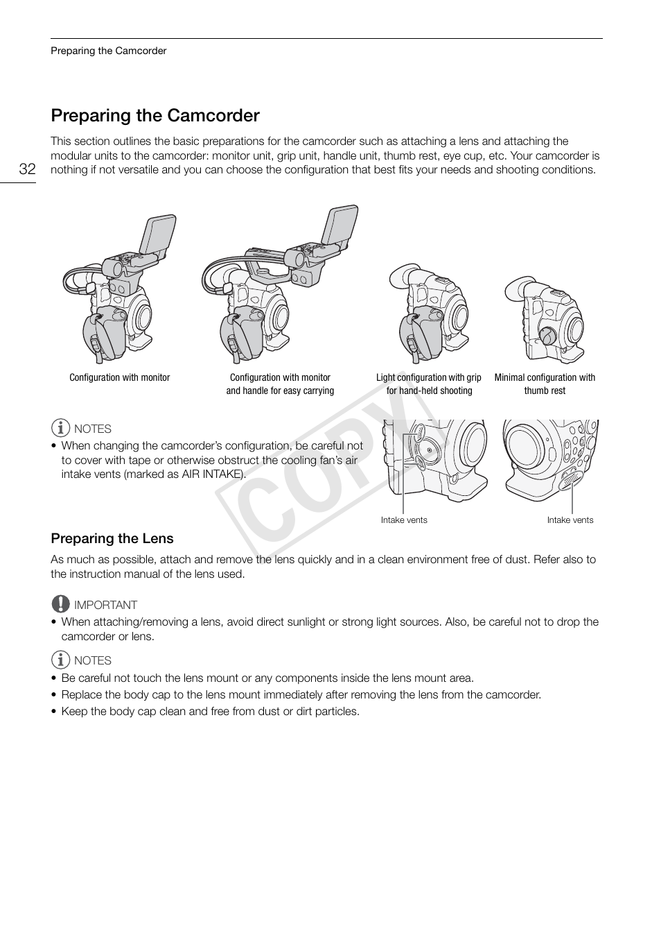 Preparing the camcorder 32, Preparing the lens 32, Cop y | Canon EOS C300 User Manual | Page 32 / 186