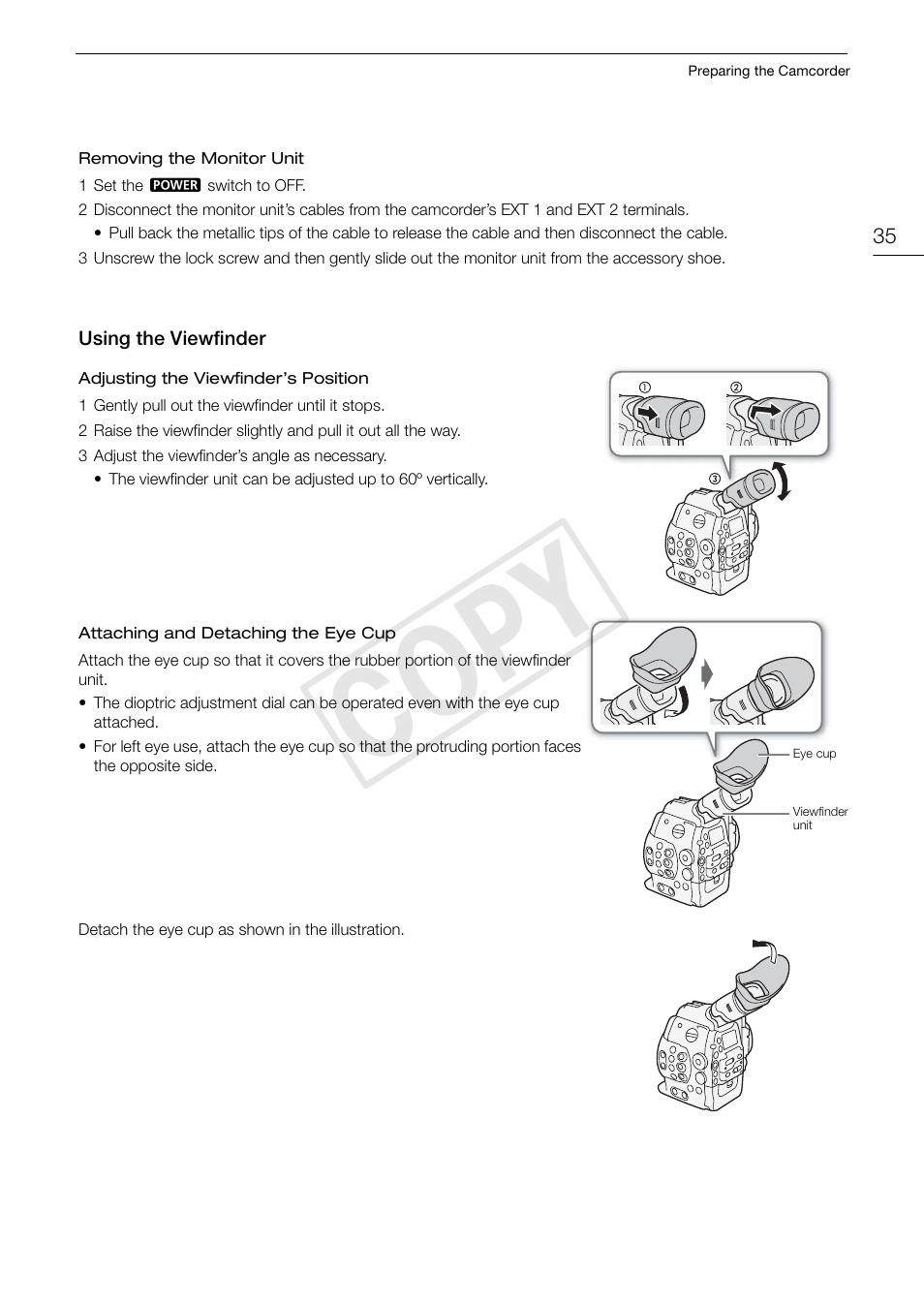 Using the viewfinder 35, Cop y | Canon EOS C300 User Manual | Page 35 / 186