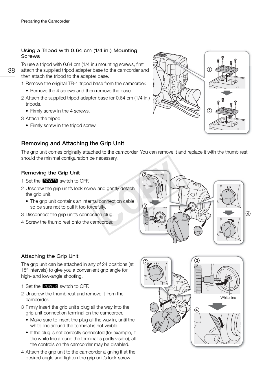 Removing and attaching the grip unit 38, Cop y | Canon EOS C300 User Manual | Page 38 / 186