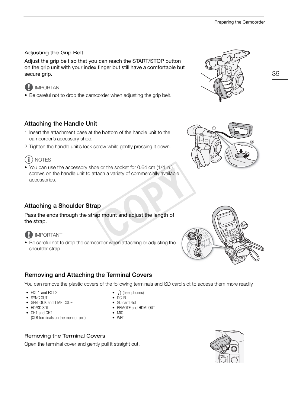 Attaching the handle unit 39, Cop y | Canon EOS C300 User Manual | Page 39 / 186