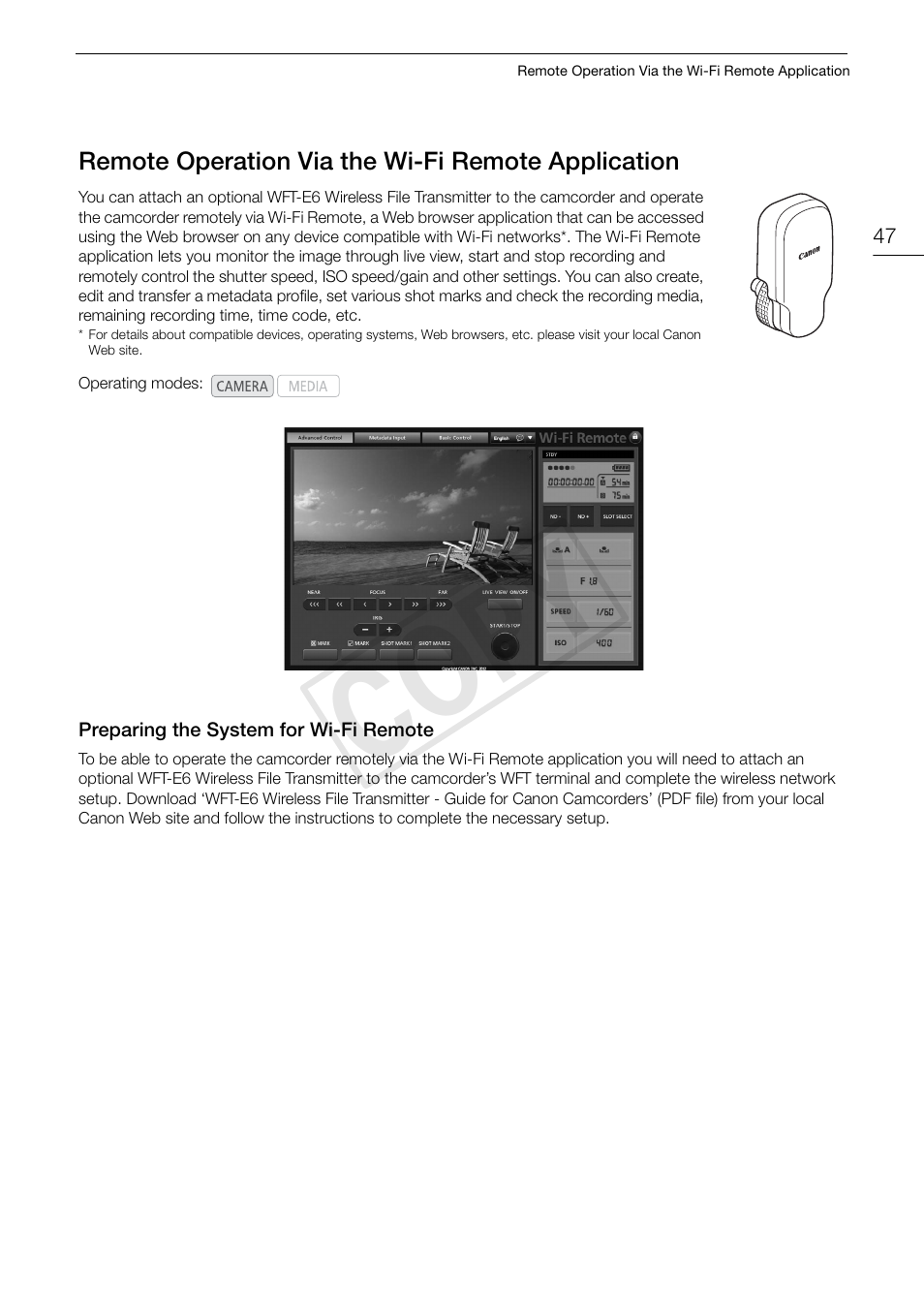 Remote operation via the wi-fi remote, Application 47, Preparing the system for wi-fi remote 47 | Cop y | Canon EOS C300 User Manual | Page 47 / 186