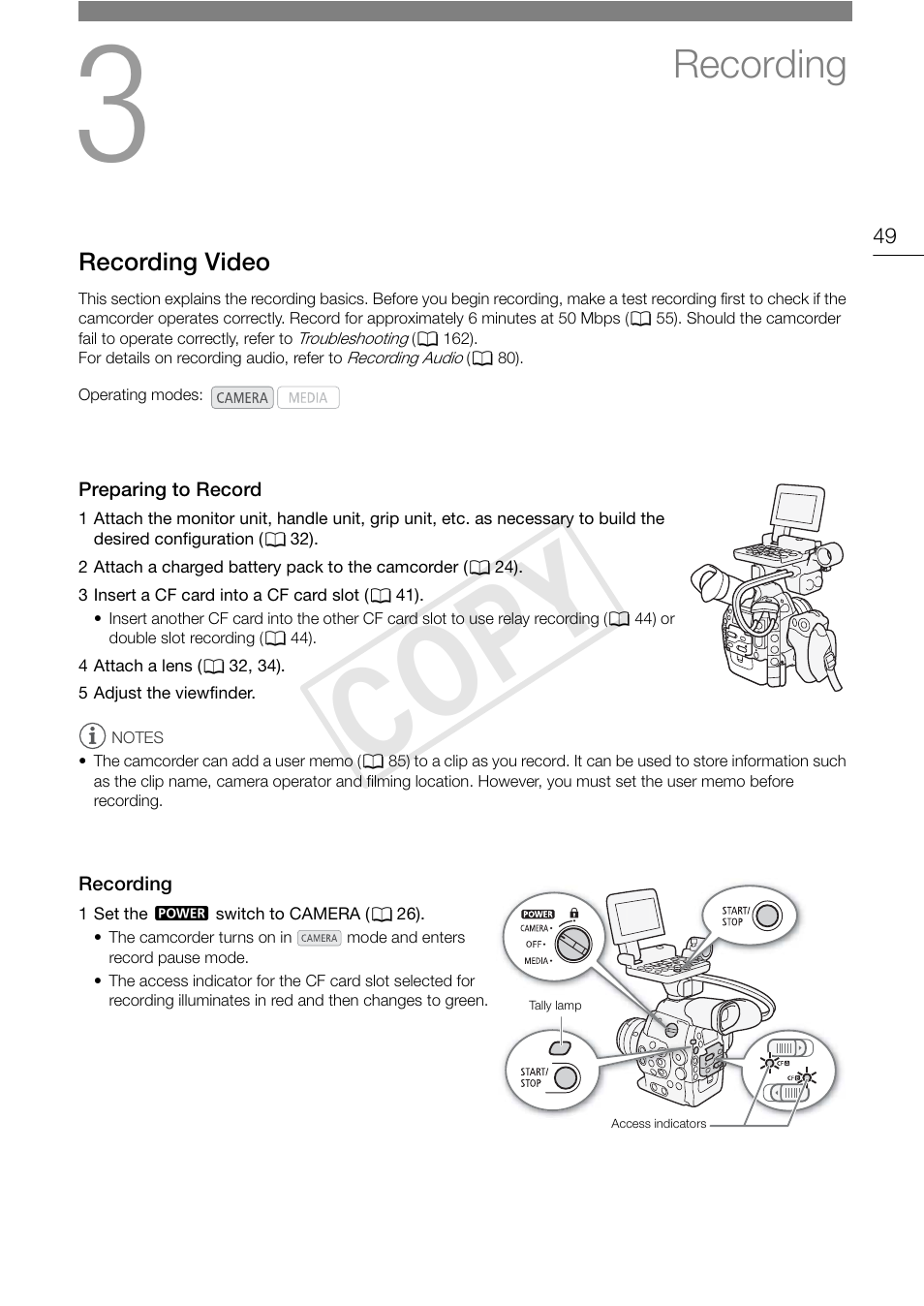 Recording 49, Recording video 49, Preparing to record 49 recording 49 | Cop y, Recording | Canon EOS C300 User Manual | Page 49 / 186