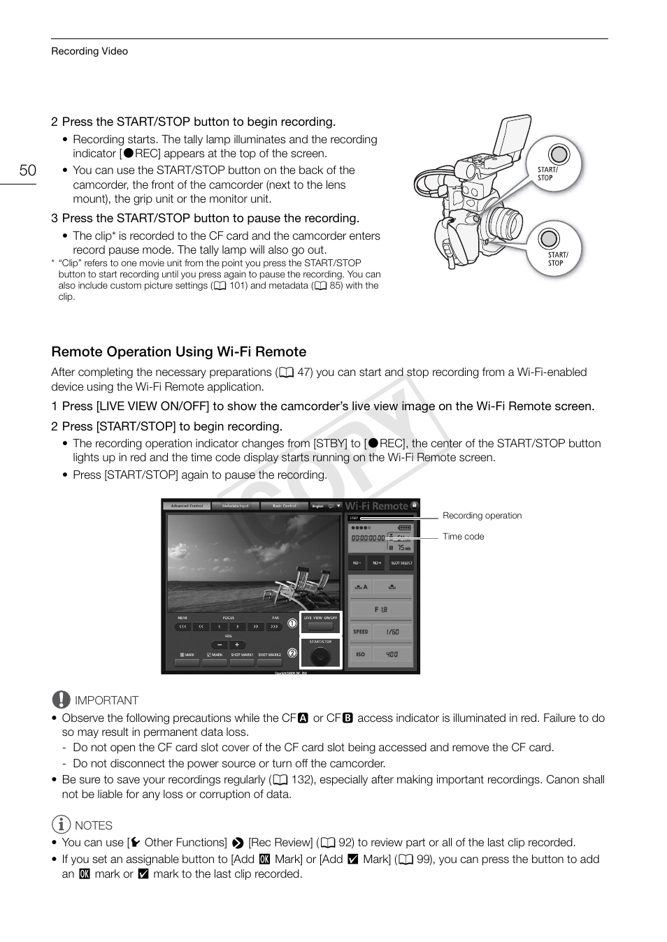 Remote operation using wi-fi remote 50, Cop y | Canon EOS C300 User Manual | Page 50 / 186