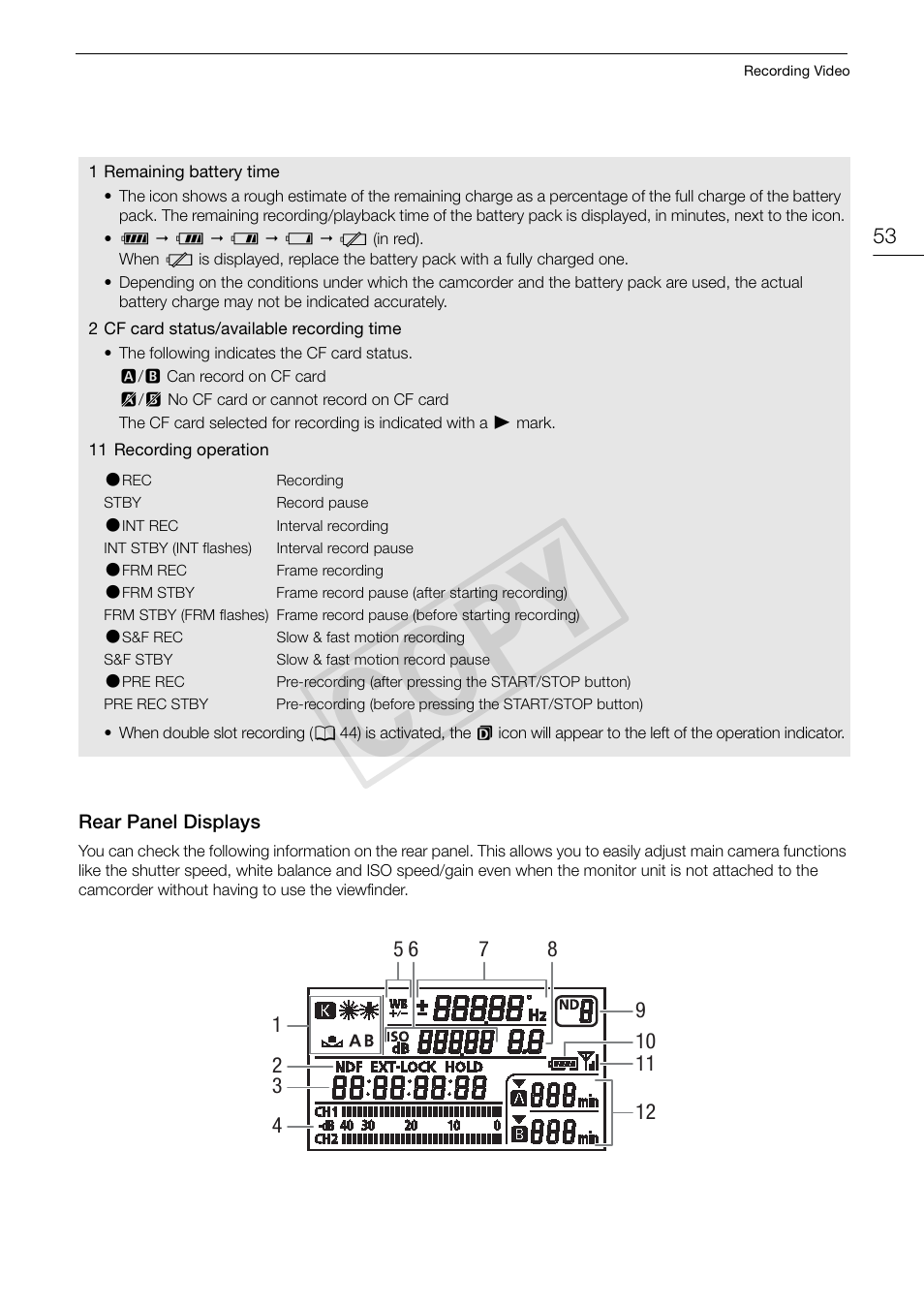 Rear panel displays 53, Cop y | Canon EOS C300 User Manual | Page 53 / 186