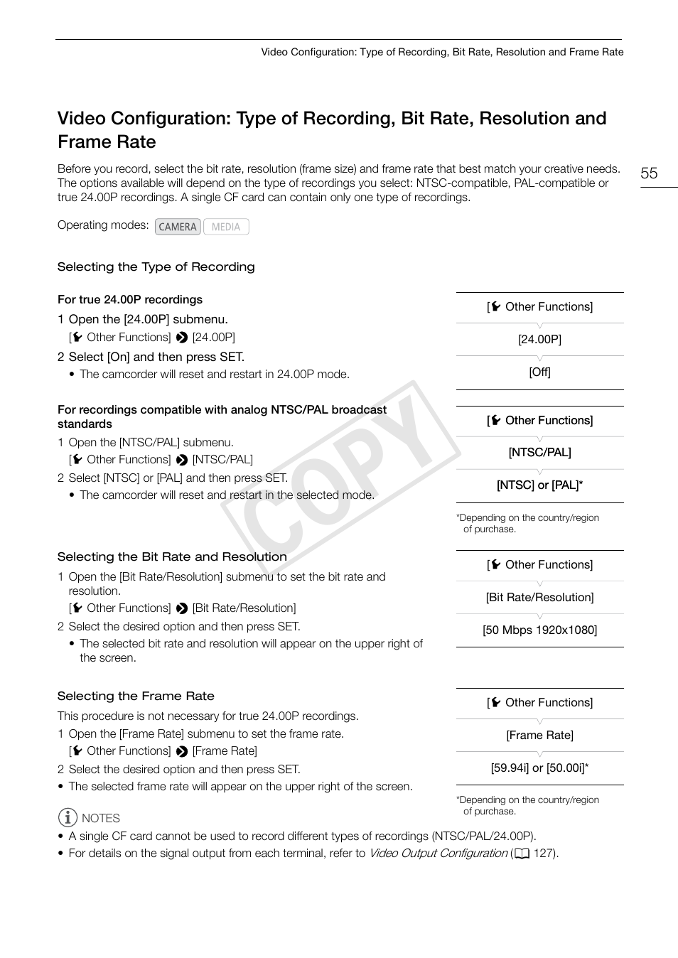 Video configuration: type of recording, bit rate, Resolution and frame rate 55, 55). s | Cop y | Canon EOS C300 User Manual | Page 55 / 186