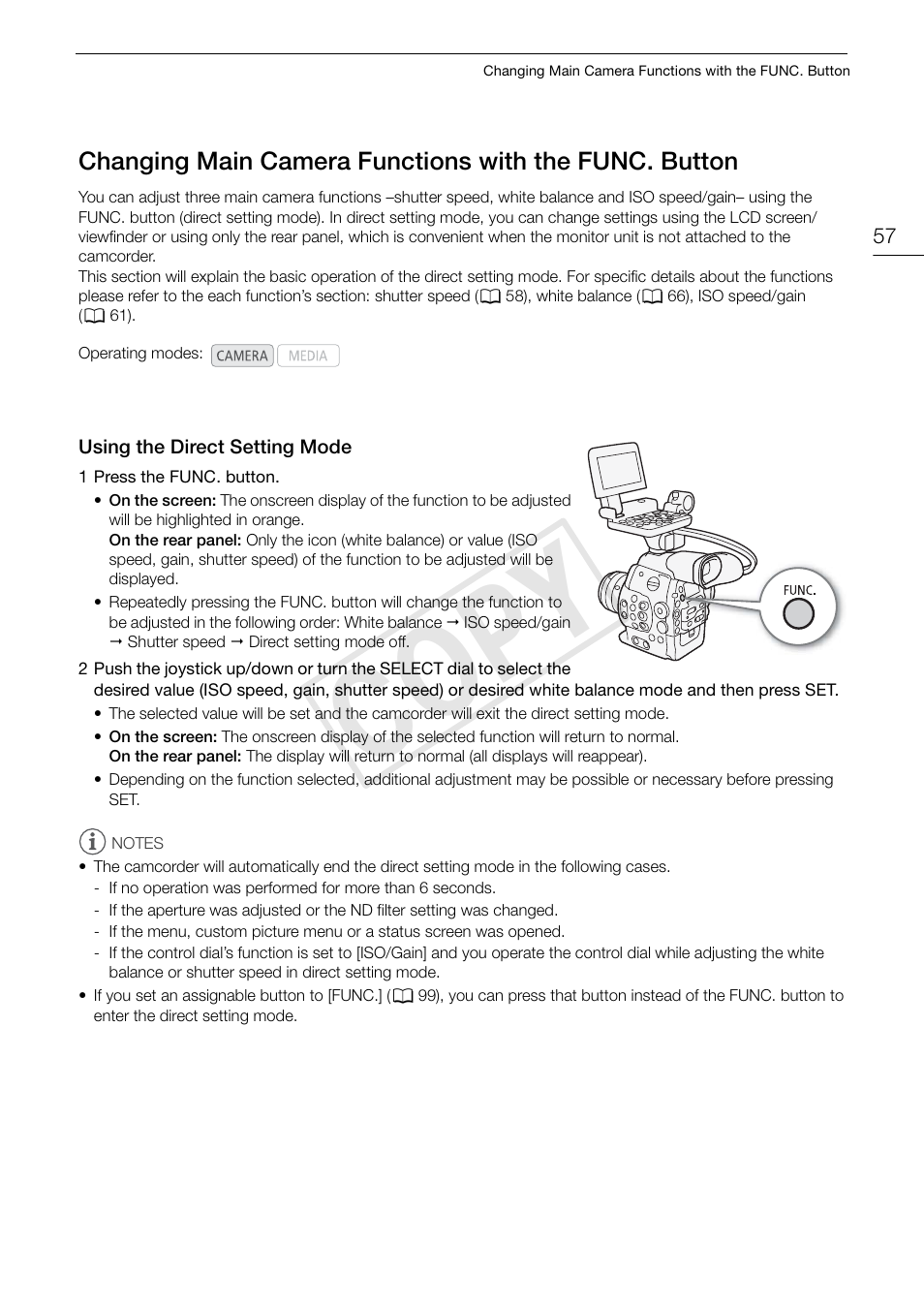 Changing main camera functions with the func, Button 57, Using the direct setting mode 57 | Cop y | Canon EOS C300 User Manual | Page 57 / 186