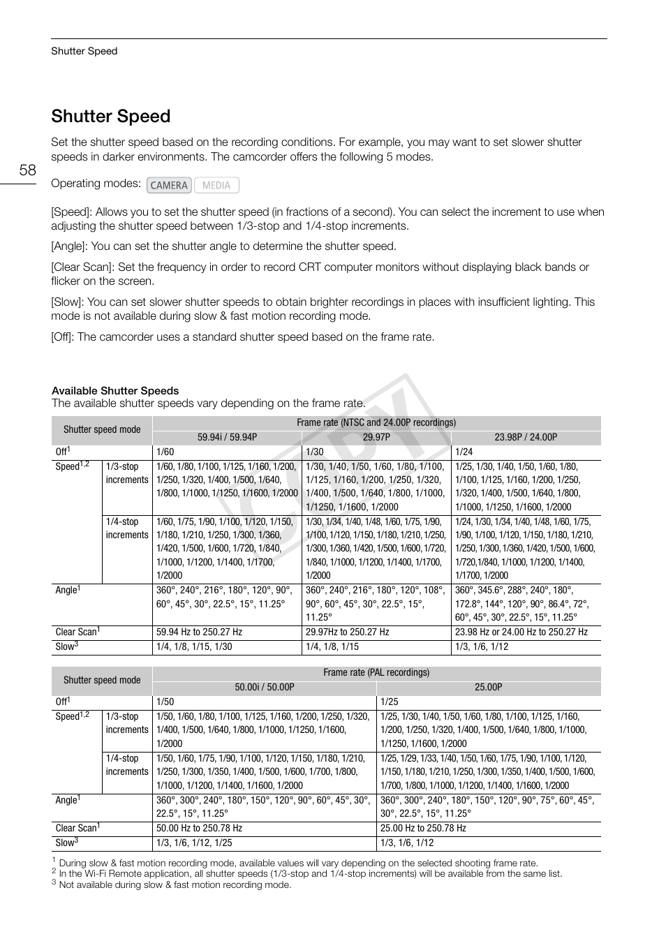 Shutter speed 58, 58), w, Cop y | Shutter speed | Canon EOS C300 User Manual | Page 58 / 186