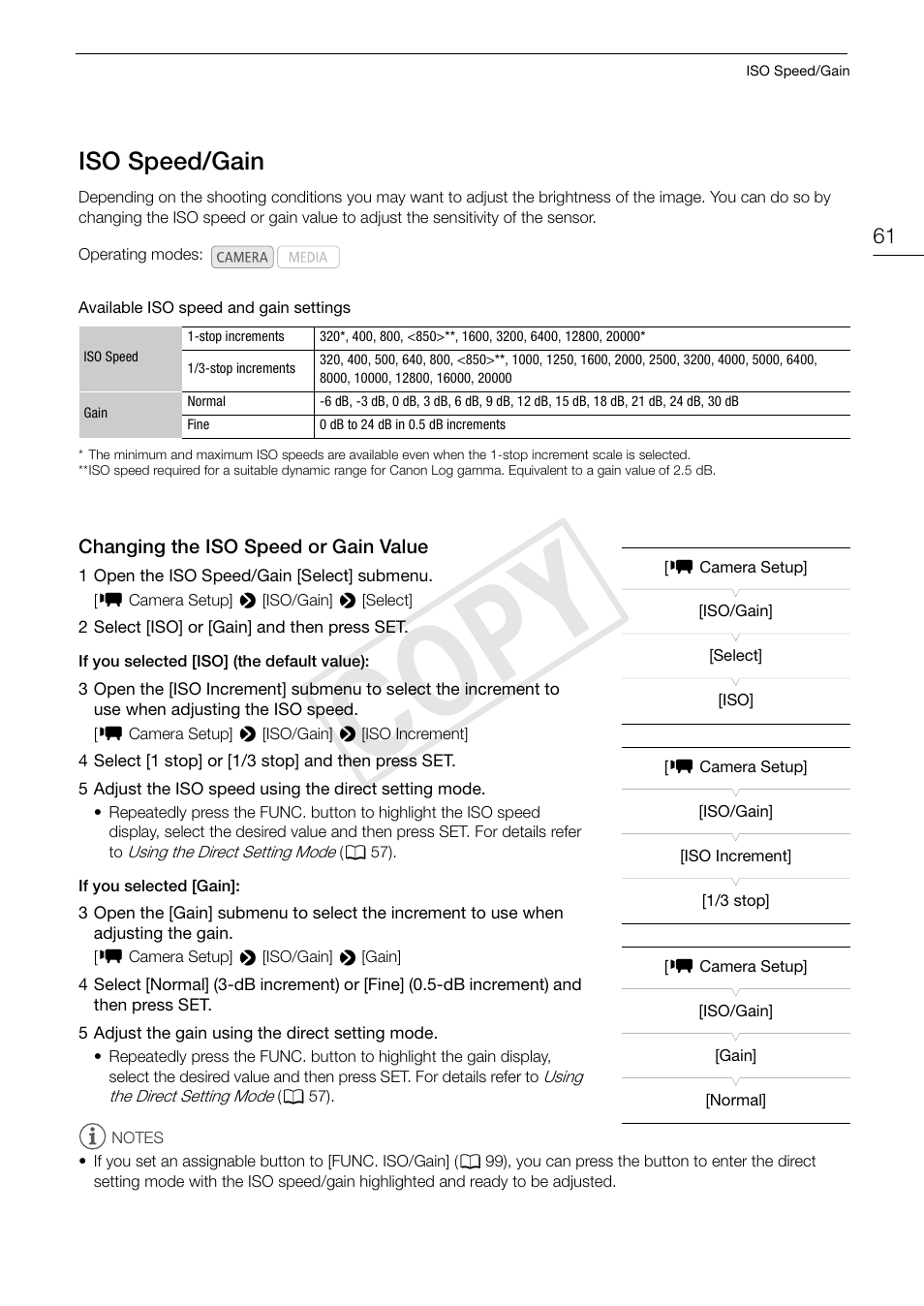 Iso speed/gain 61, Changing the iso speed or gain value 61, Cop y | Iso speed/gain | Canon EOS C300 User Manual | Page 61 / 186