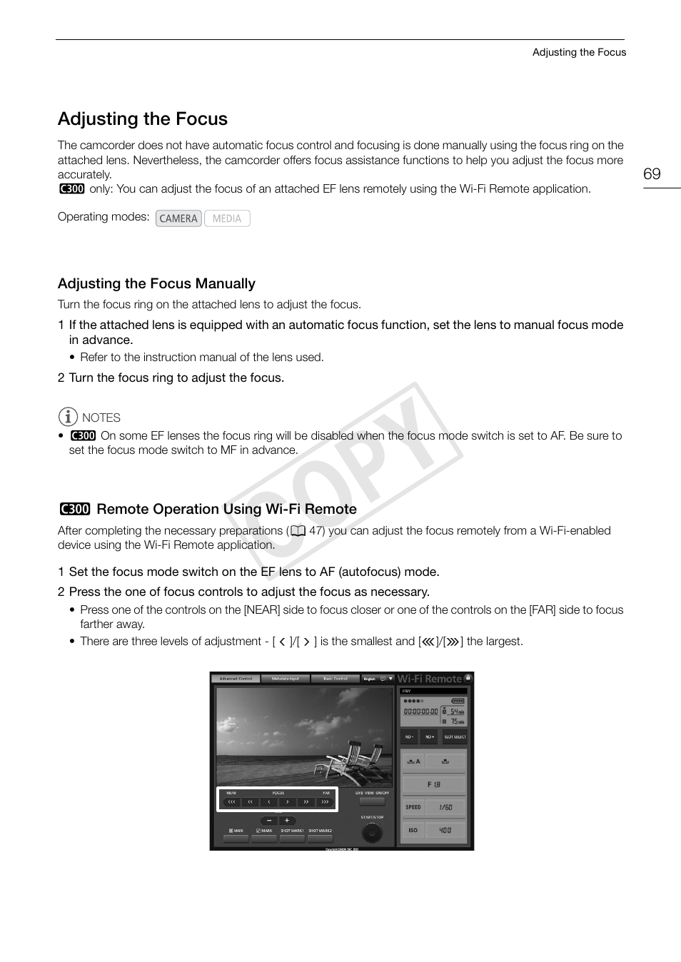 Adjusting the focus 69, C op y | Canon EOS C300 User Manual | Page 69 / 186