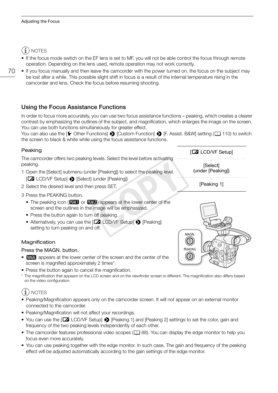 Using the focus assistance functions 70, Cop y | Canon EOS C300 User Manual | Page 70 / 186