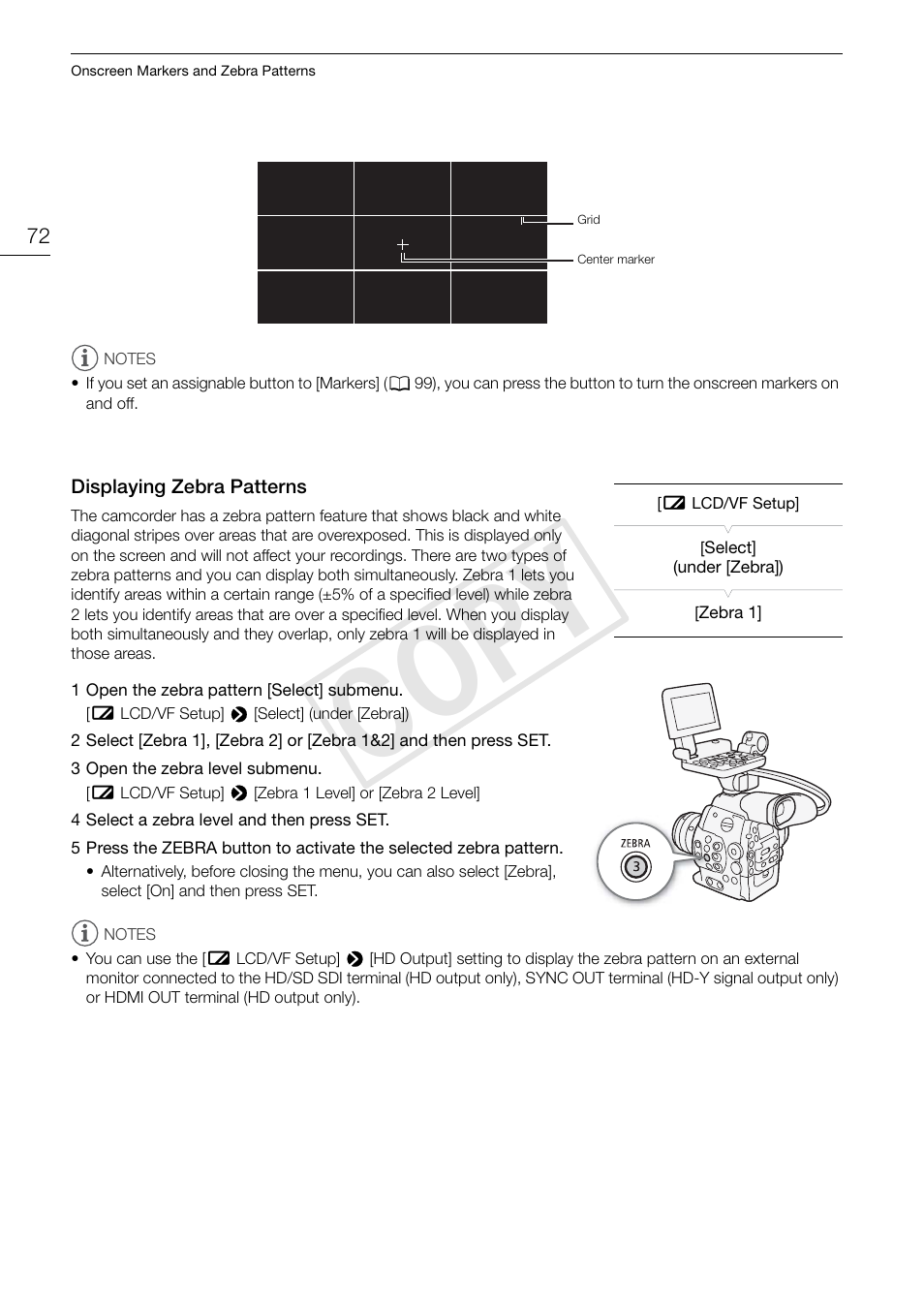 Displaying zebra patterns 72, Cop y | Canon EOS C300 User Manual | Page 72 / 186