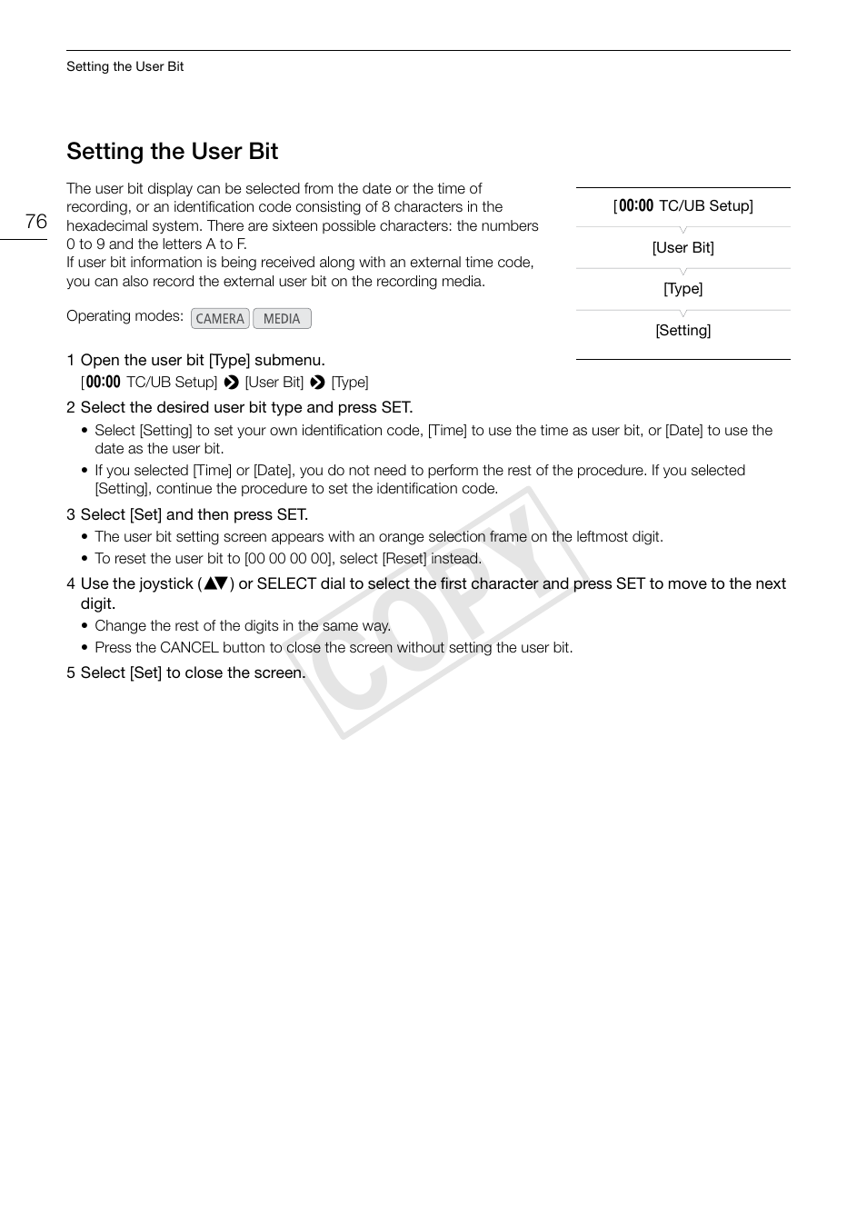 Setting the user bit 76, Cop y | Canon EOS C300 User Manual | Page 76 / 186