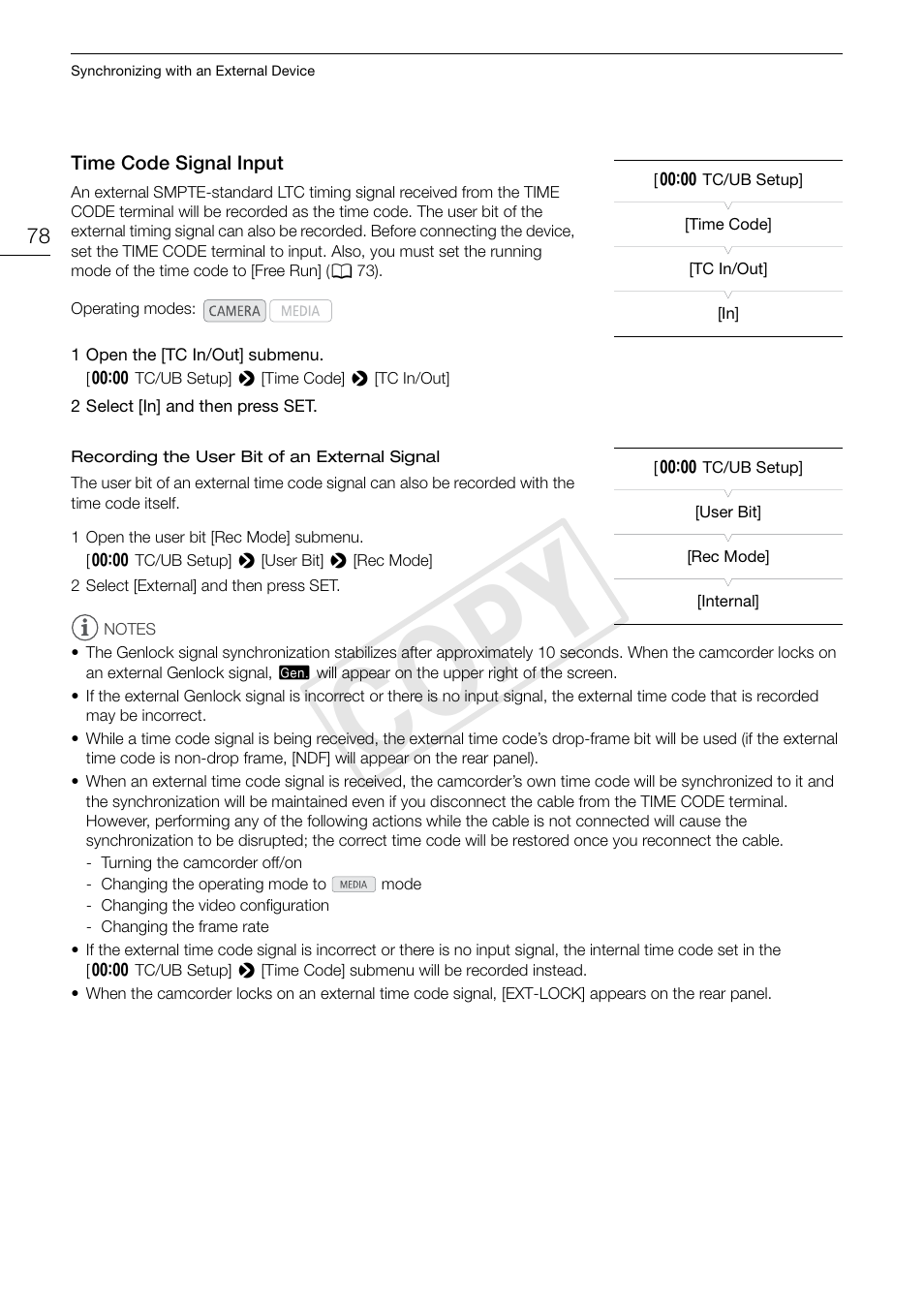 Time code signal input 78, 78) / ho, Cop y | Canon EOS C300 User Manual | Page 78 / 186