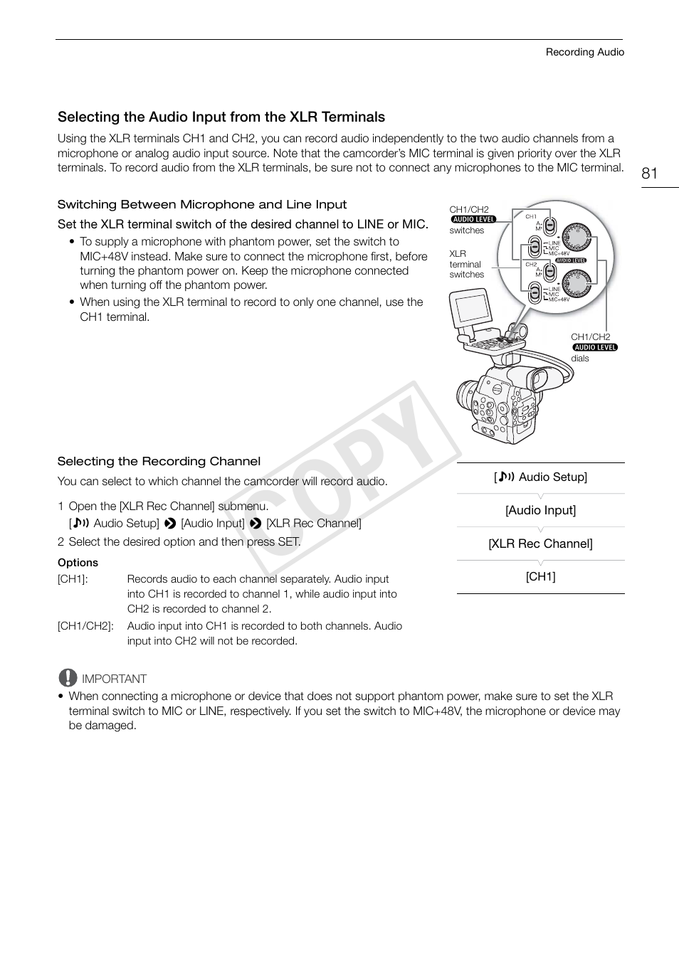 Selecting the audio input from the xlr, Terminals 81, Cop y | Canon EOS C300 User Manual | Page 81 / 186