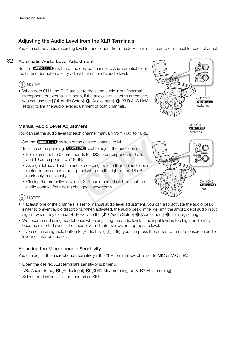 Adjusting the audio level from the xlr, Terminals 82, Cop y | Canon EOS C300 User Manual | Page 82 / 186