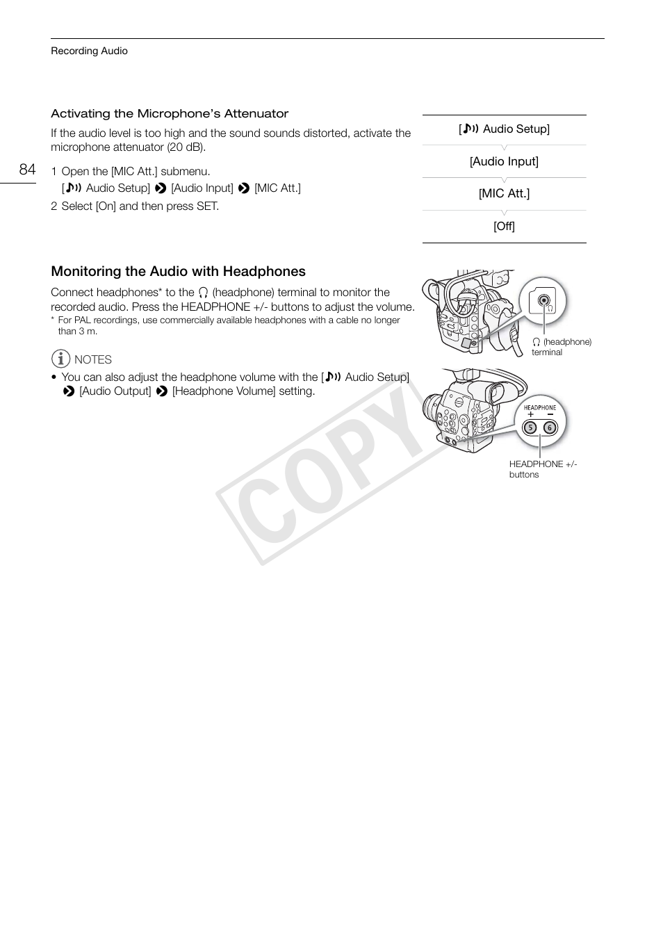 Monitoring the audio with headphones 84, Cop y | Canon EOS C300 User Manual | Page 84 / 186