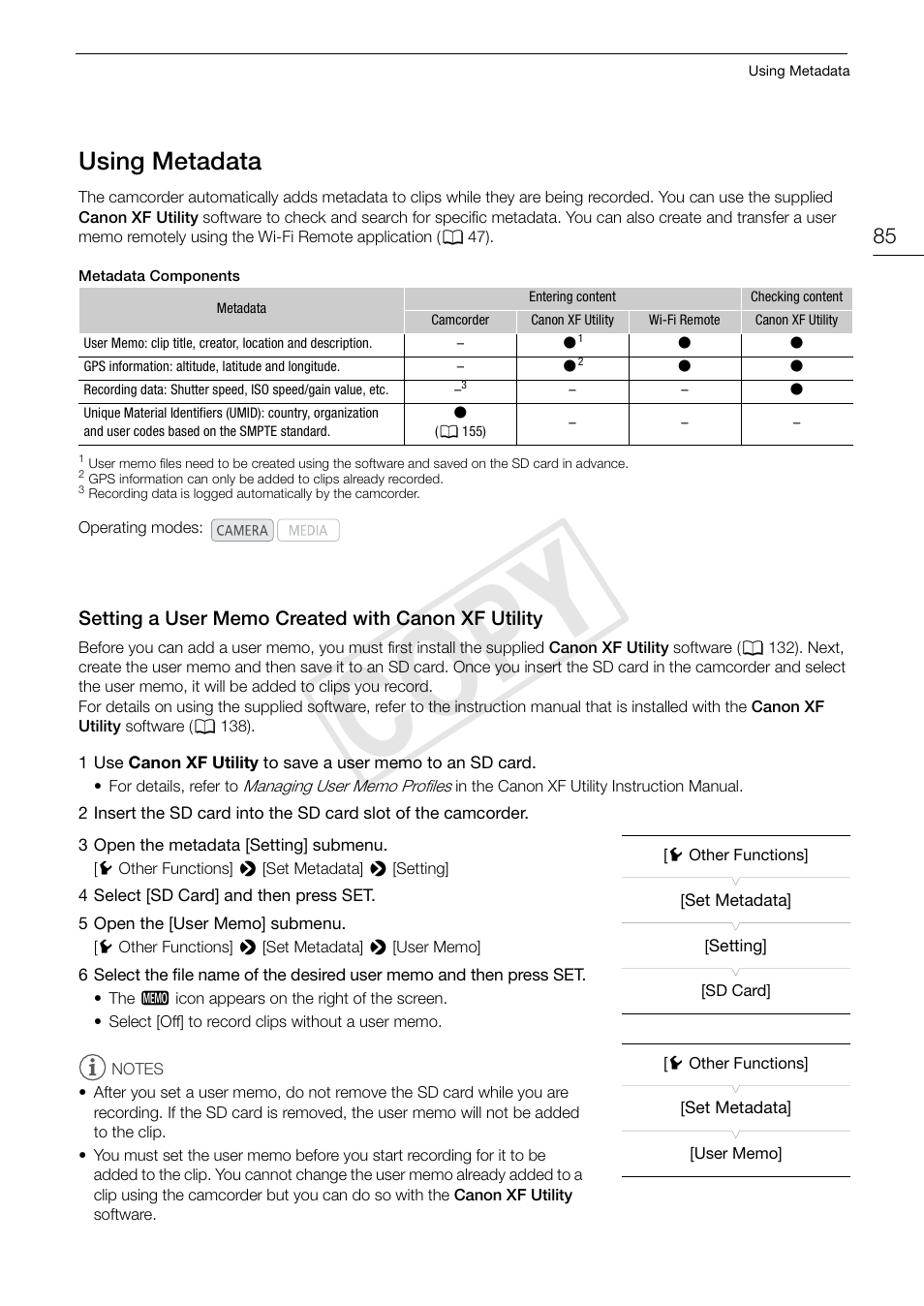 Using metadata 85, Setting a user memo created with canon xf, Utility 85 | Cop y, Using metadata | Canon EOS C300 User Manual | Page 85 / 186