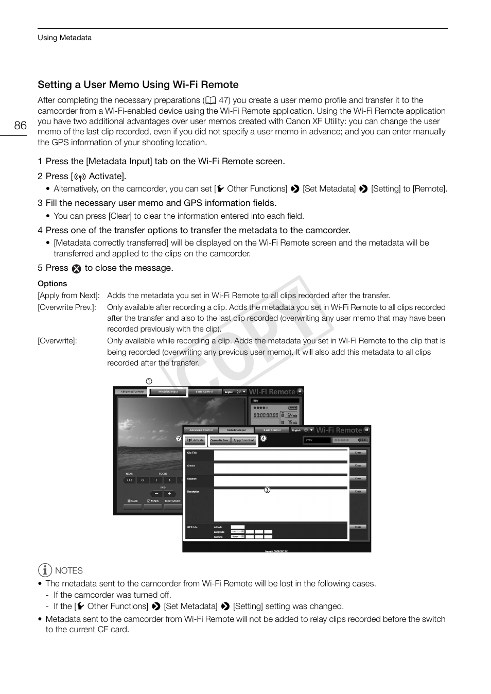 Setting a user memo using wi-fi remote 86, Cop y | Canon EOS C300 User Manual | Page 86 / 186