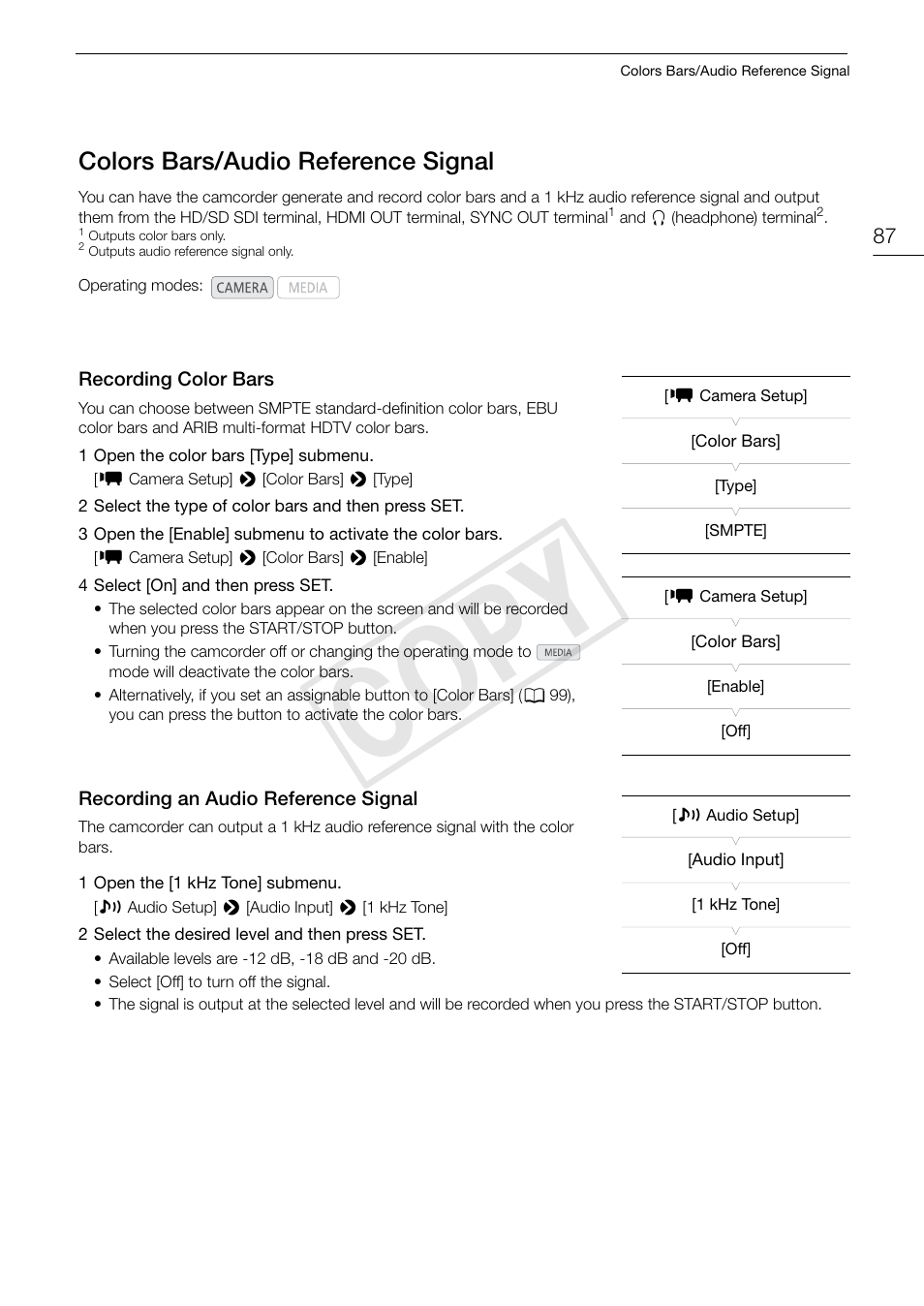 Colors bars/audio reference signal 87, Recording color bars 87, Recording an audio reference signal 87 | Cop y, Colors bars/audio reference signal | Canon EOS C300 User Manual | Page 87 / 186