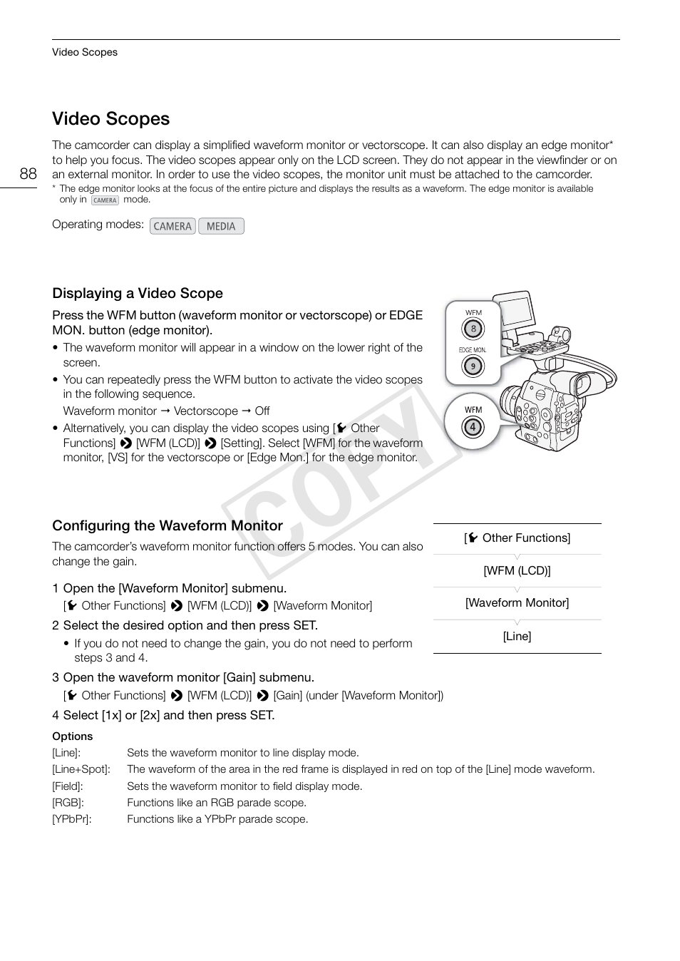 Video scopes 88, Cop y, Video scopes | Canon EOS C300 User Manual | Page 88 / 186