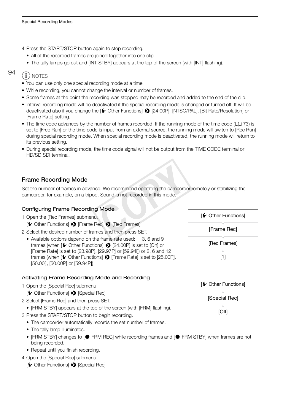 Frame recording mode 94, Cop y | Canon EOS C300 User Manual | Page 94 / 186