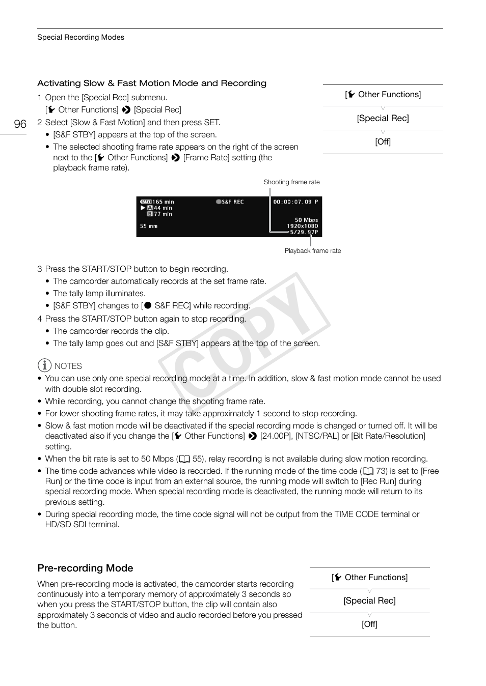 Pre-recording mode 96, Cop y | Canon EOS C300 User Manual | Page 96 / 186