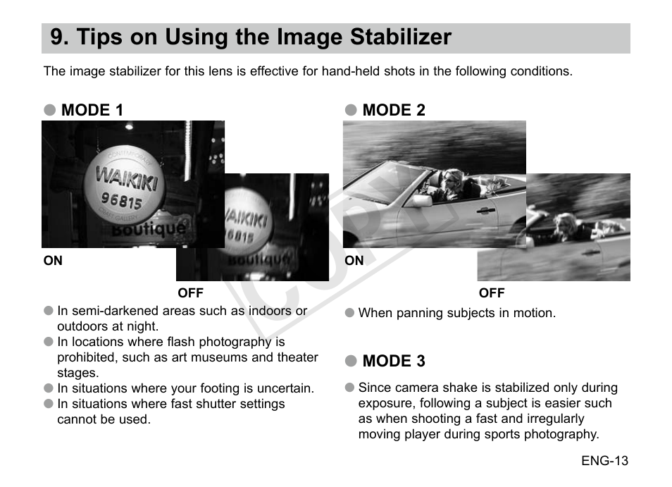 Cop y, Tips on using the image stabilizer | Canon EF 200-400mm f4L IS USM Extender 1.4x User Manual | Page 14 / 29