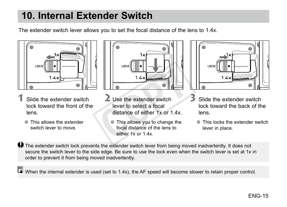 Cop y, Internal extender switch | Canon EF 200-400mm f4L IS USM Extender 1.4x User Manual | Page 16 / 29