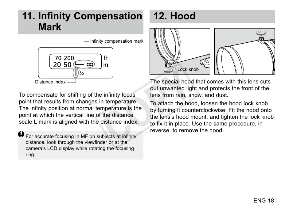 Cop y, Hood, Infinity compensation mark | Canon EF 200-400mm f4L IS USM Extender 1.4x User Manual | Page 19 / 29