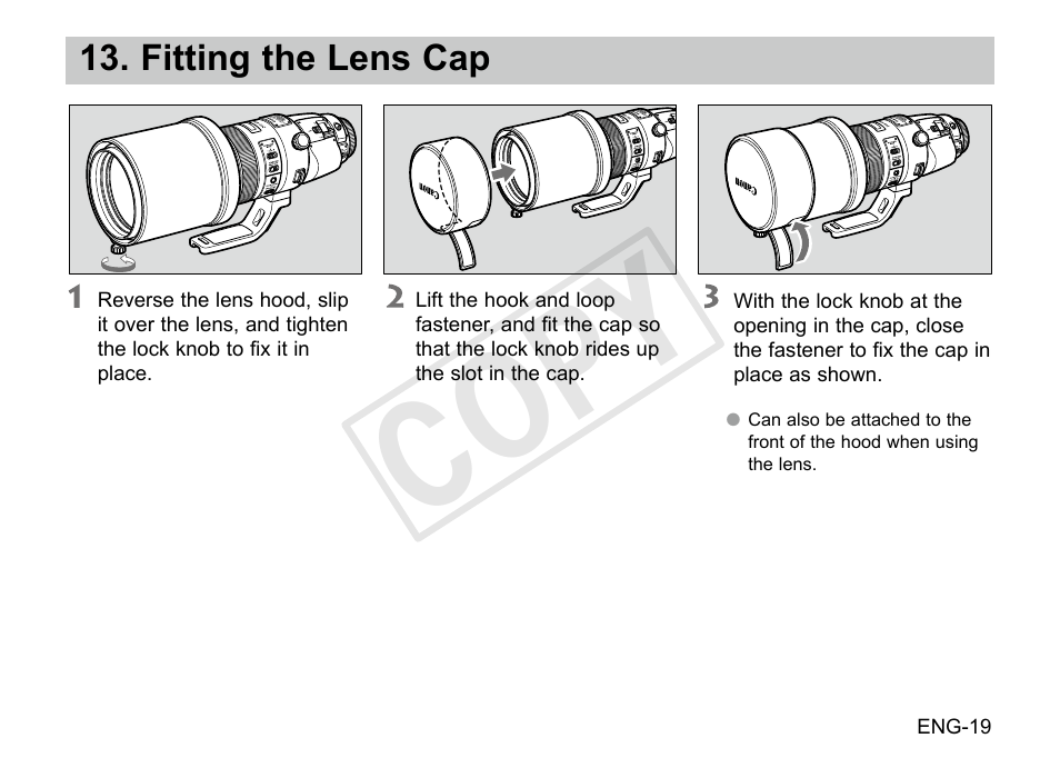 Cop y, Fitting the lens cap | Canon EF 200-400mm f4L IS USM Extender 1.4x User Manual | Page 20 / 29