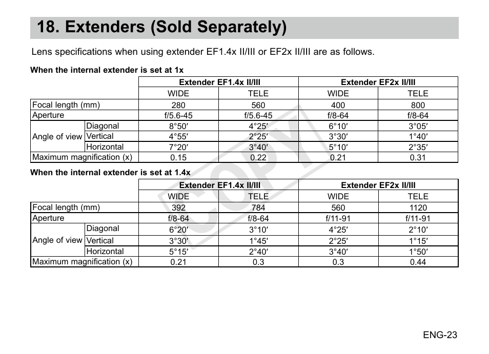 Cop y, Extenders (sold separately) | Canon EF 200-400mm f4L IS USM Extender 1.4x User Manual | Page 24 / 29