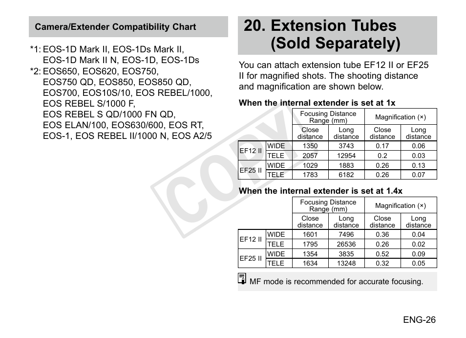 Cop y, Extension tubes (sold separately) | Canon EF 200-400mm f4L IS USM Extender 1.4x User Manual | Page 27 / 29