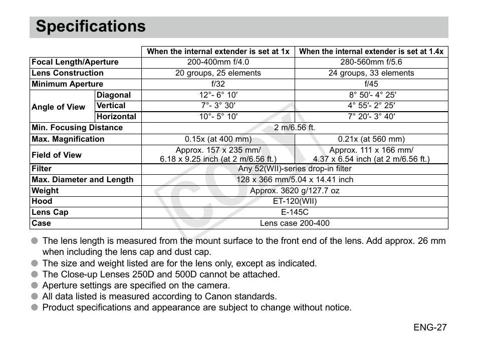 Cop y, Specifications | Canon EF 200-400mm f4L IS USM Extender 1.4x User Manual | Page 28 / 29