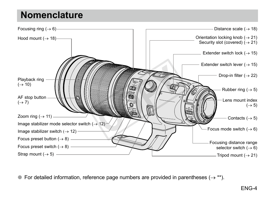 Cop y, Nomenclature | Canon EF 200-400mm f4L IS USM Extender 1.4x User Manual | Page 5 / 29