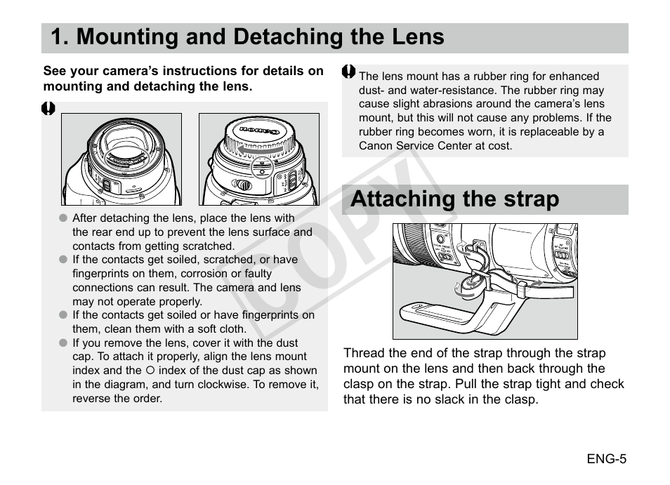 Cop y, Mounting and detaching the lens, Attaching the strap | Canon EF 200-400mm f4L IS USM Extender 1.4x User Manual | Page 6 / 29