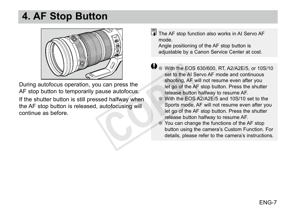 Cop y, Af stop button | Canon EF 200-400mm f4L IS USM Extender 1.4x User Manual | Page 8 / 29