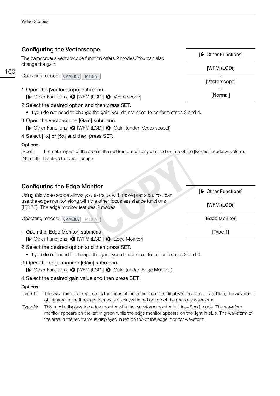 Configuring the vectorscope, Configuring the edge monitor, 100), or t | Cop y | Canon EOS C300 PL User Manual | Page 100 / 194