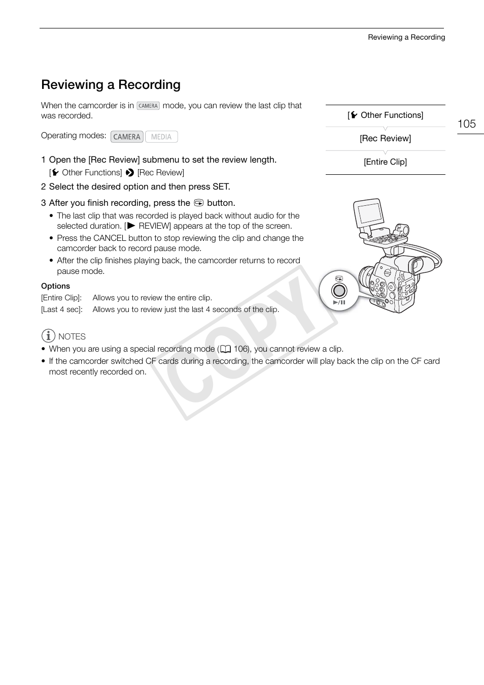 Reviewing a recording, Reviewing a recording 105, 105) to | Cop y | Canon EOS C300 PL User Manual | Page 105 / 194