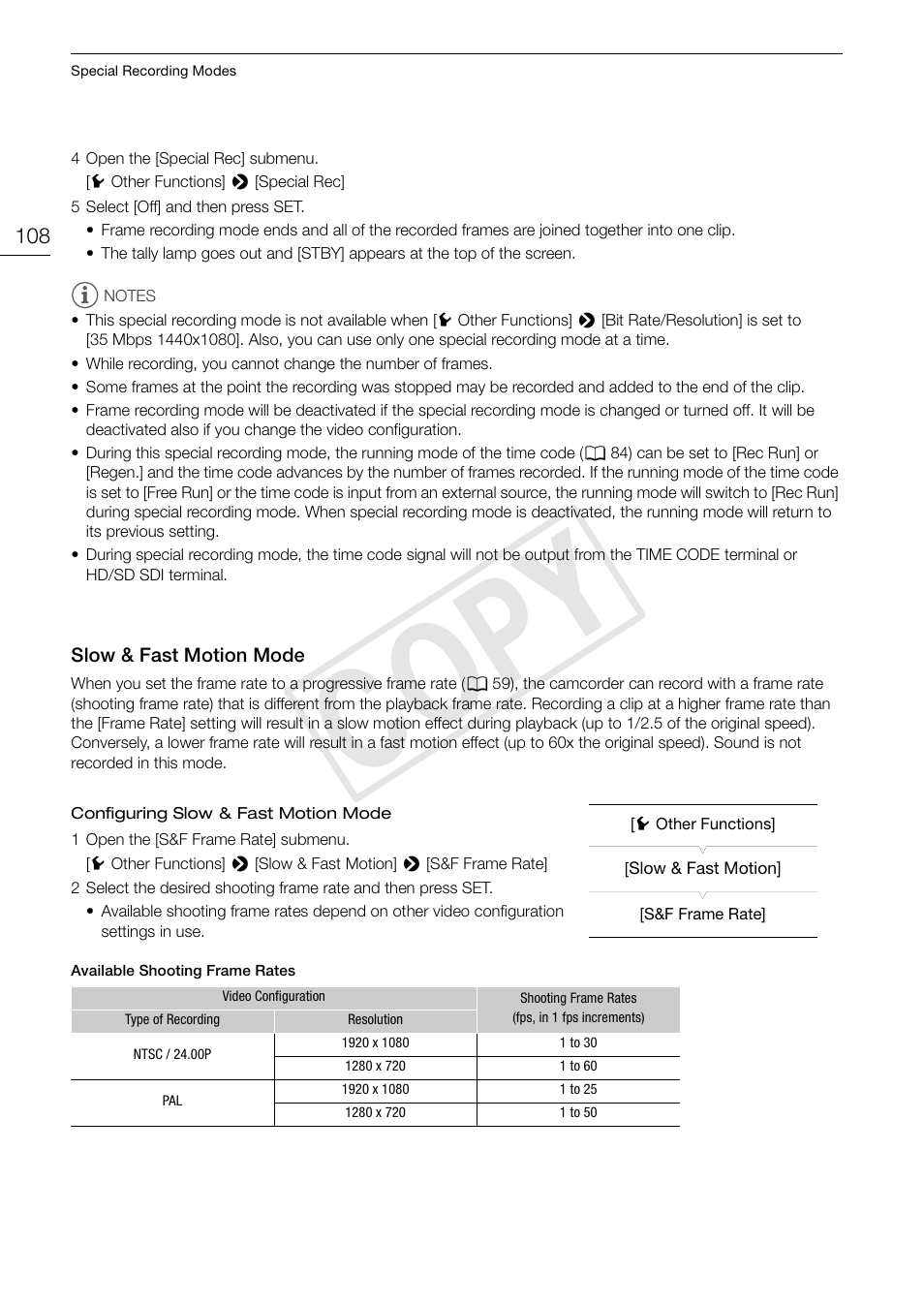 Slow & fast motion mode, Slow & fast motion mode 108, C op y | Canon EOS C300 PL User Manual | Page 108 / 194