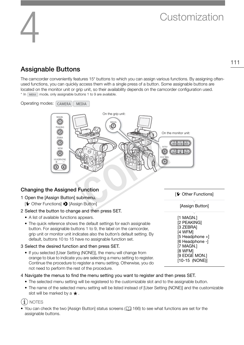 Customization, Assignable buttons, Changing the assigned function | 111) so, Customization 111, Assignable buttons 111, Changing the assigned function 111, 111), y, Cop y | Canon EOS C300 PL User Manual | Page 111 / 194