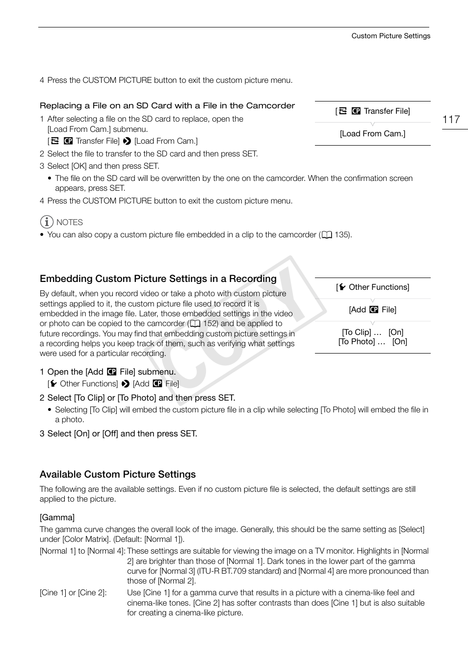Embedding custom picture settings in a recording, Available custom picture settings, Embedding custom picture settings in a | Recording 117, Available custom picture settings 117, Cop y | Canon EOS C300 PL User Manual | Page 117 / 194