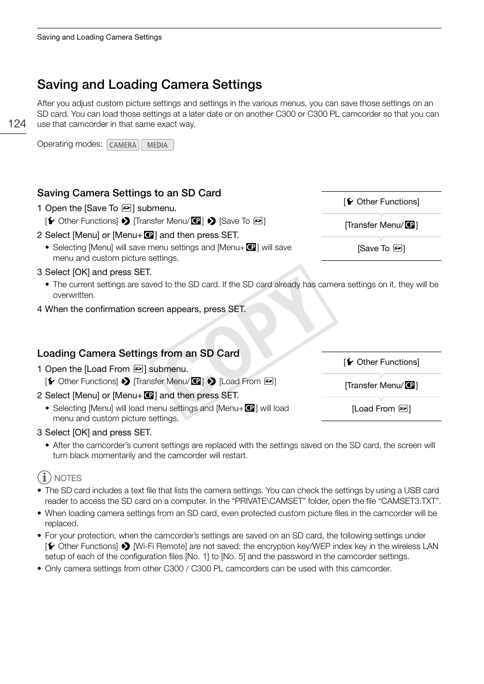 Saving and loading camera settings, Saving camera settings to an sd card, Loading camera settings from an sd card | Saving and loading camera settings 124, Cop y | Canon EOS C300 PL User Manual | Page 124 / 194