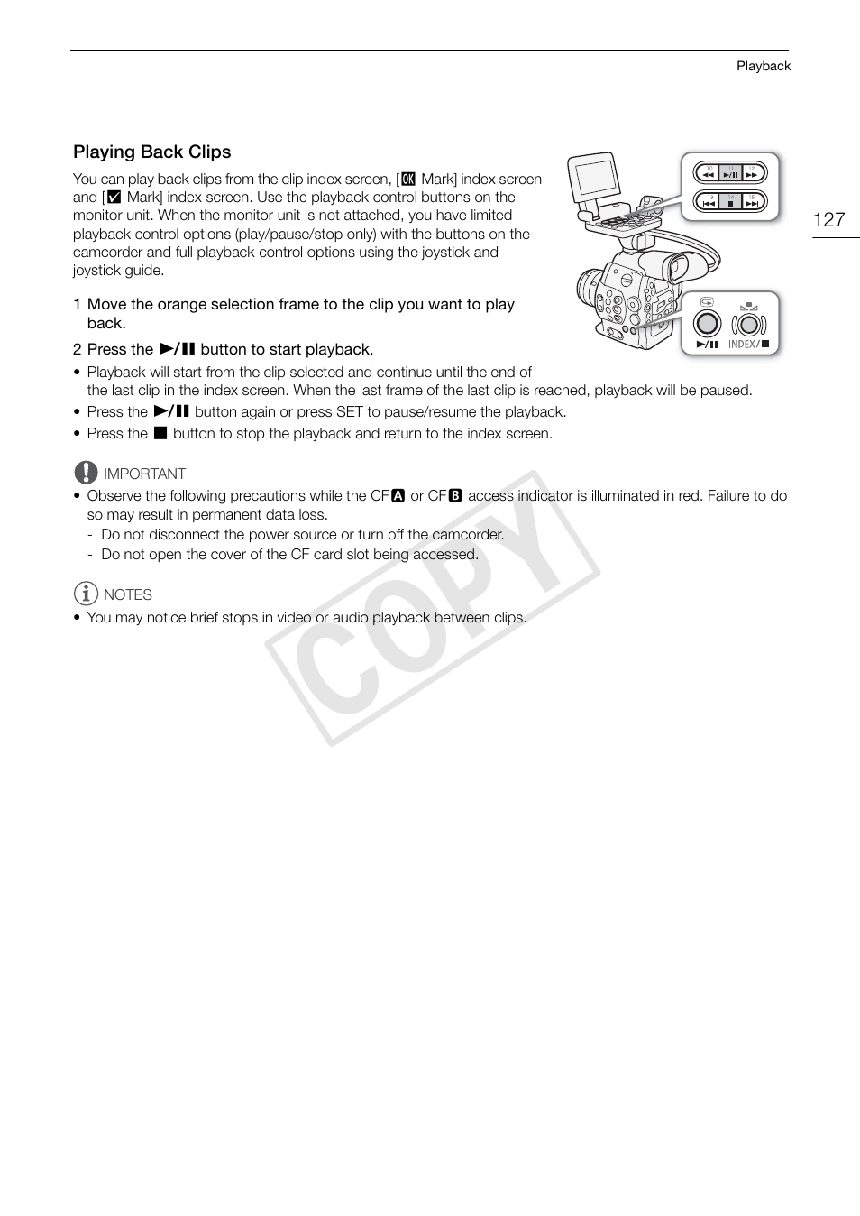 Playing back clips, Playing back clips 127, Cop y | Canon EOS C300 PL User Manual | Page 127 / 194