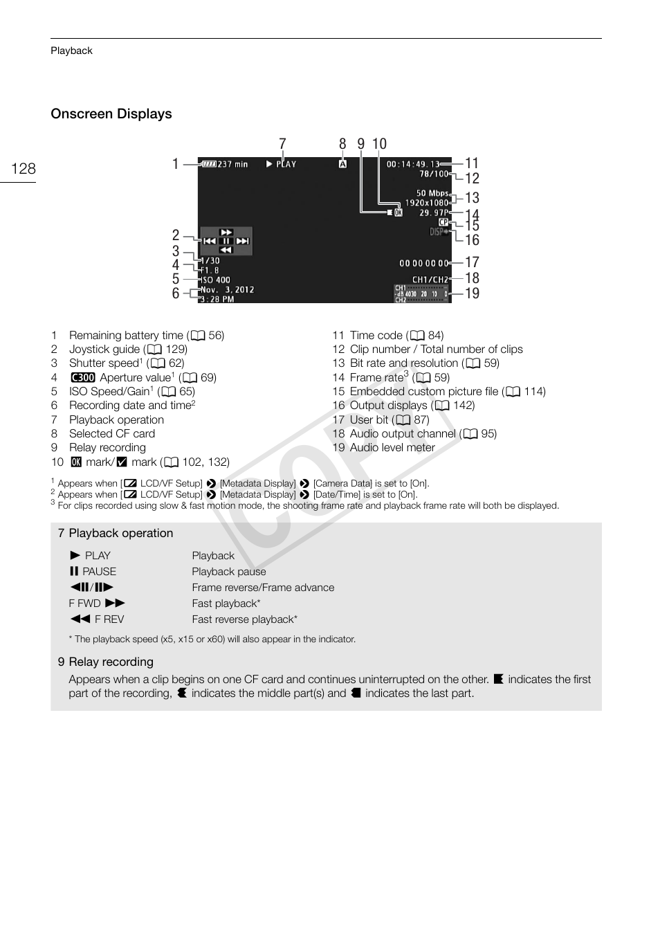 Onscreen displays, Onscreen displays 128, 128)/ba | Cop y | Canon EOS C300 PL User Manual | Page 128 / 194