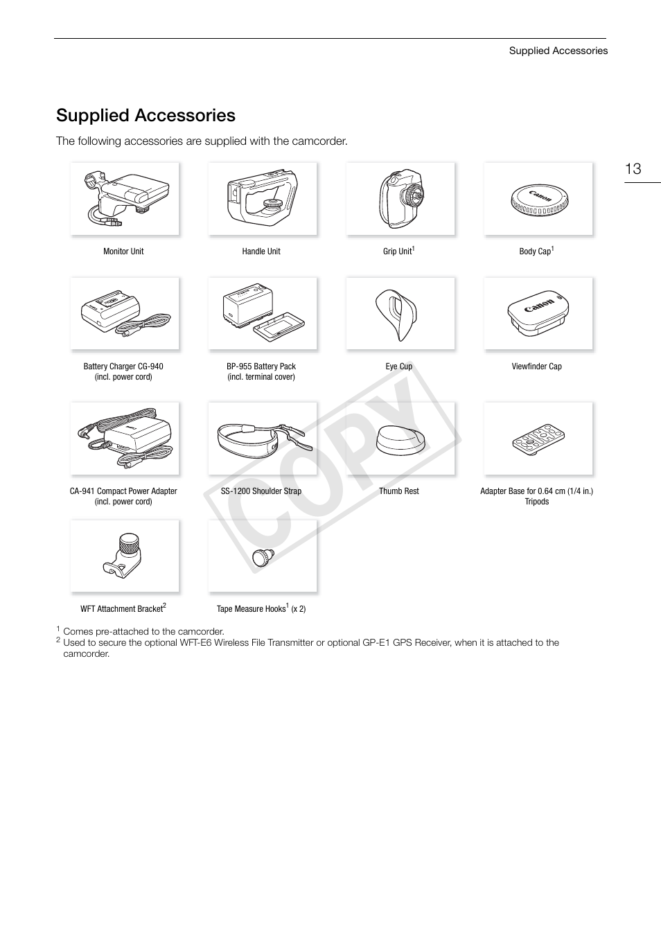 Supplied accessories, Supplied accessories 13, Cop y | Canon EOS C300 PL User Manual | Page 13 / 194